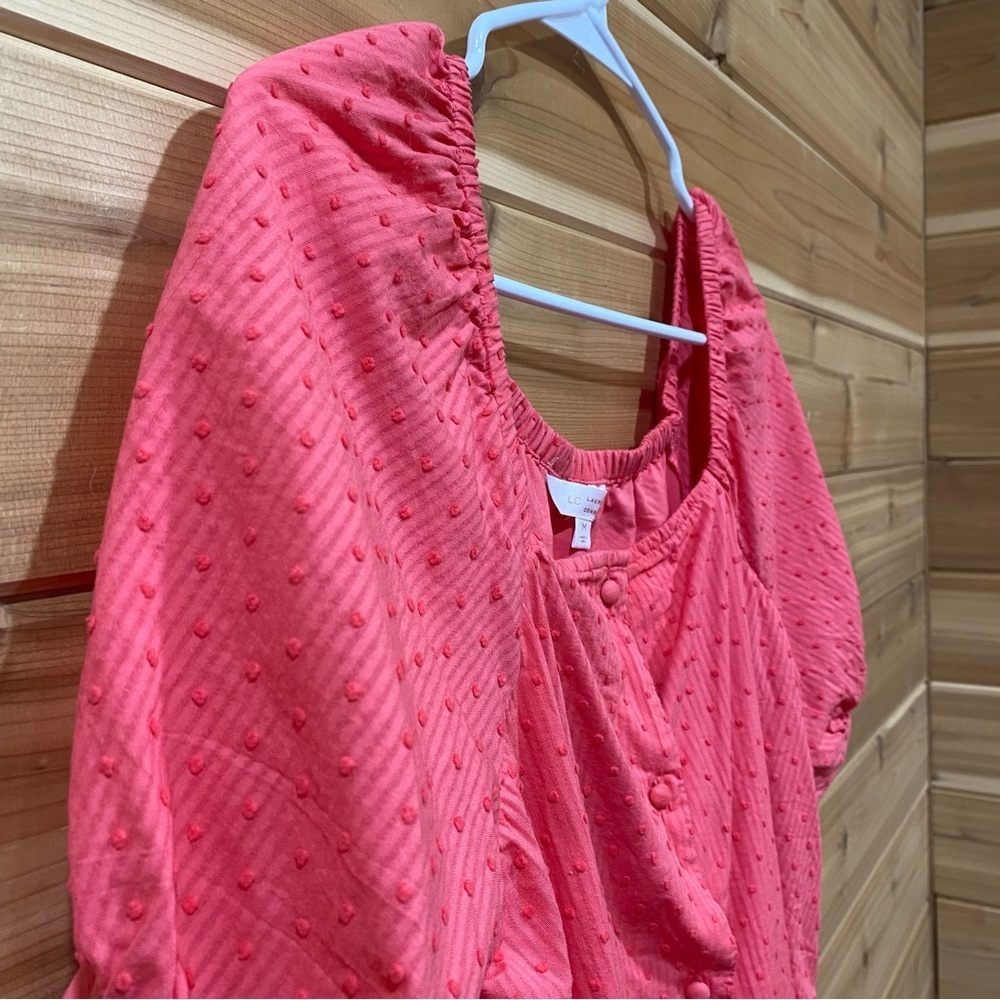 Women's Pink Puff Sleeve Swiss Dots Blouse Covered Buttons Knot Sleeve SZ Medium - Picture 7 of 10